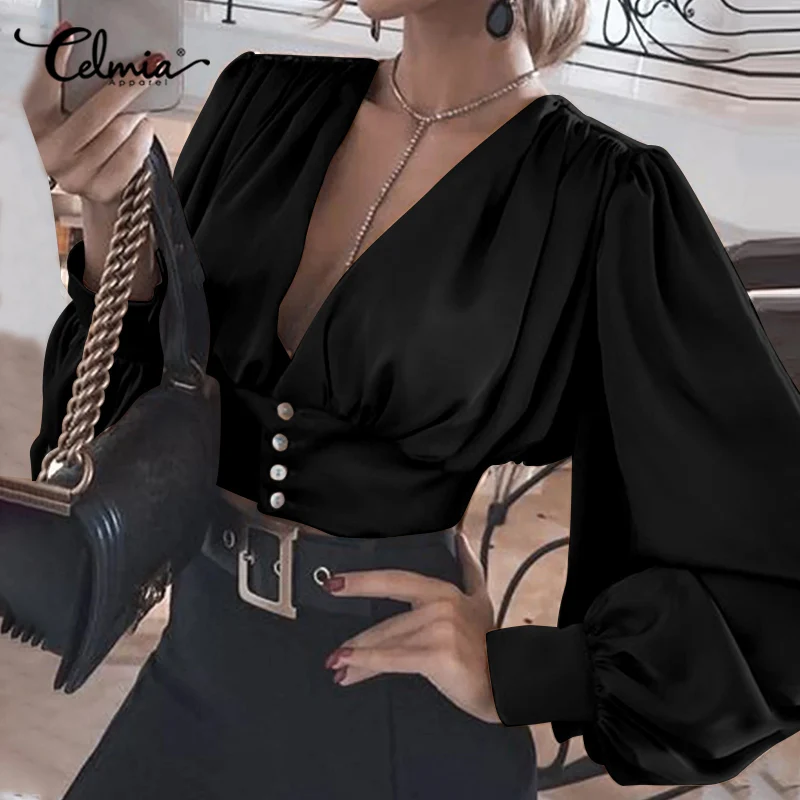 Celmia Long Puff Sleeve Short Tops Women Pleated V-neck Party Sexy Tunic 2022 Fashion Satin Elegant Blouses Buttons Waist Shirts
Celmia Long Puff Sleeve Short Tops Women Pleated V-neck Party Sexy Tunic 2022 Fashion Satin Elegant Blouses Buttons Waist Shirts
