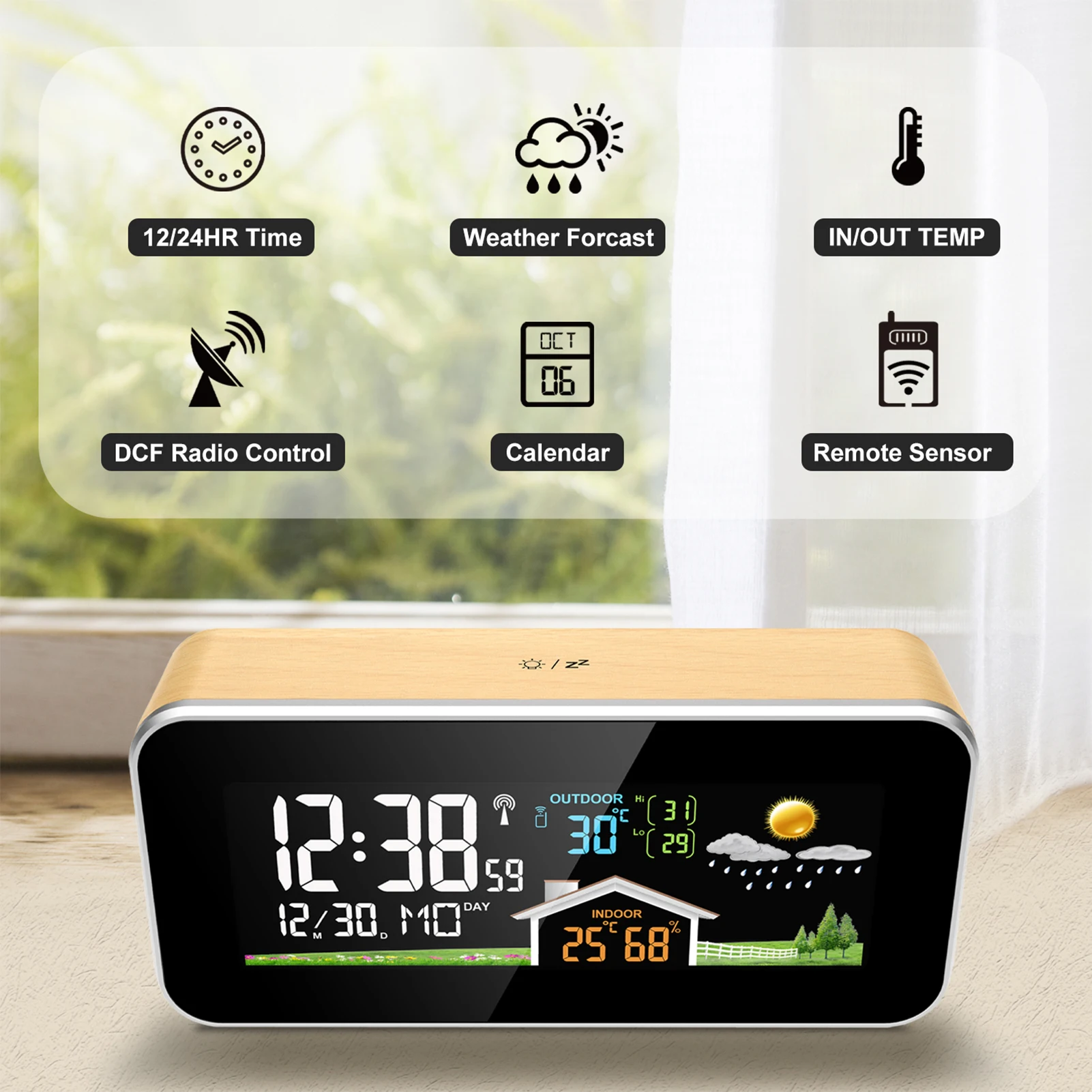 

FanJu ZX1005A Weather Station Digital Display Thermometer Humidity Forecast Station DCF Radio Control with Calendar Alarm Clock