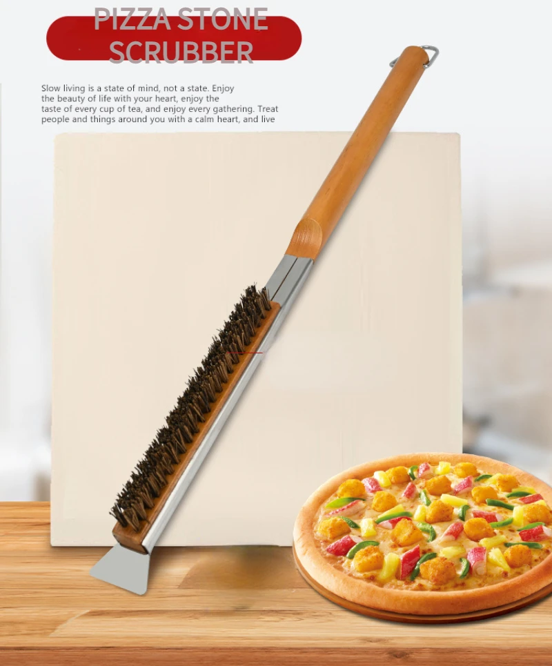 

Щетка для чистки печи пиццы, каменные скрубберы для пиццы, длинная ручка 55 см, щетка для очистки Гриля и барбекю со скребком