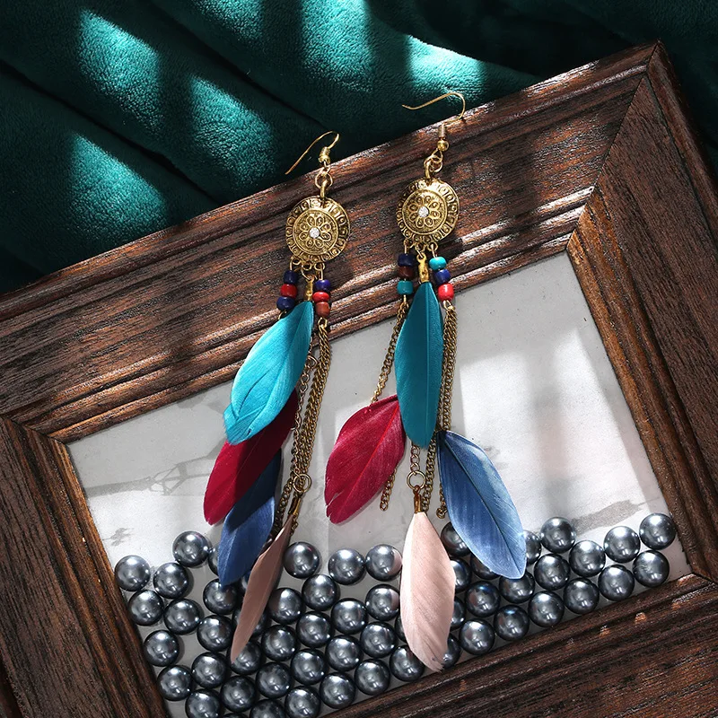 

Bohemian Feather Earrings for Women Vintage Style Multilayer Chain Tassel Long Earrings Elegant Creative Jewelry 7 Kinds Colour