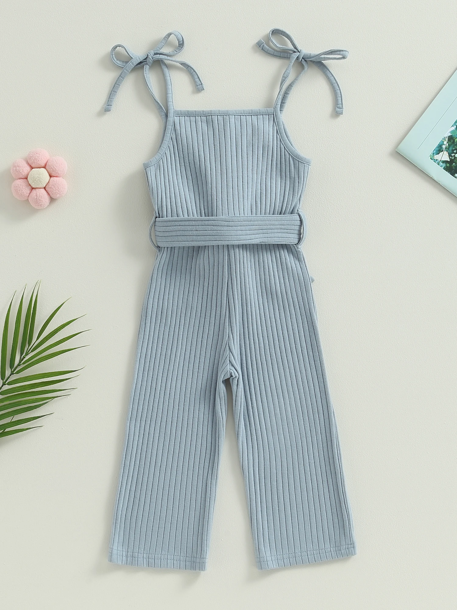 

Girls Summer Rib Knit Jumpsuits with Ruffles Buttons and Belt - Sleeveless Solid Color Cami Playsuits for Casual Wear