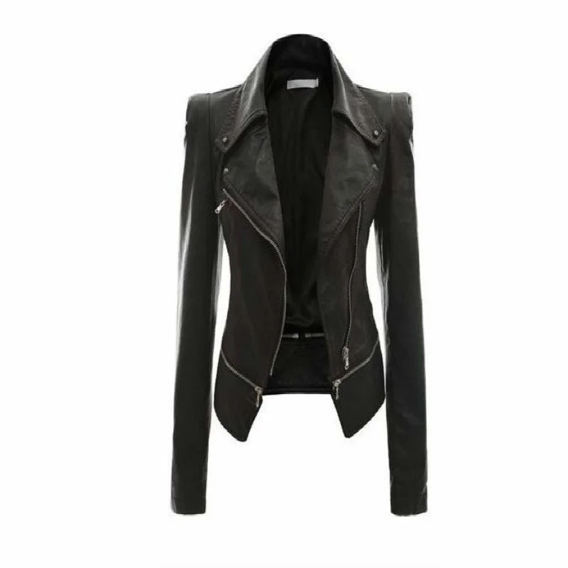 

Wholesale- Women Rivet Zipper Motorcycle Turn Down Collar chaquetas mujer Argyle pattern Leather Jacket
