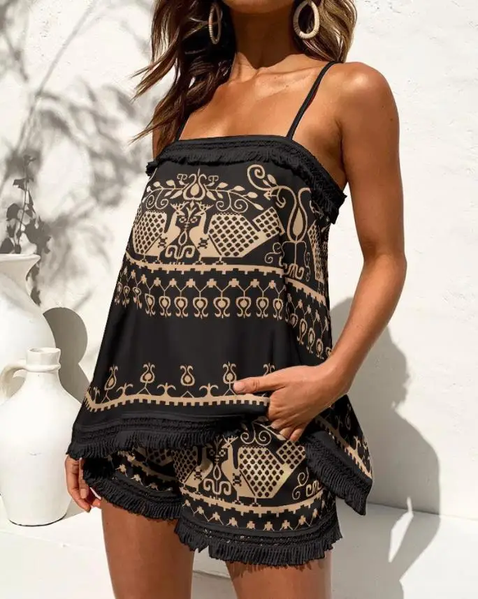 

2 Piece Summer Set Women Retro Tribal Print Tassel Trim Cami Top & Shorts Sexy Sleeveless Suit Fashion Elegan Daily Streetwear