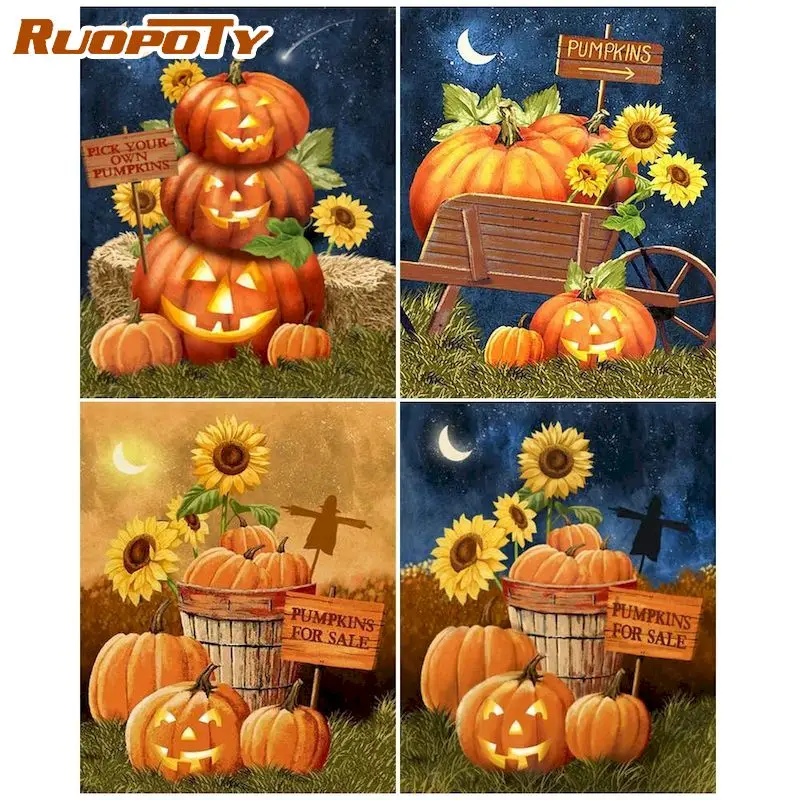 

RUOPOTY Christmas Cute Pumpkin Paint By Numbers DIY Kits HandPainted On Canvas With Framed Oil Picture Drawing Coloring
