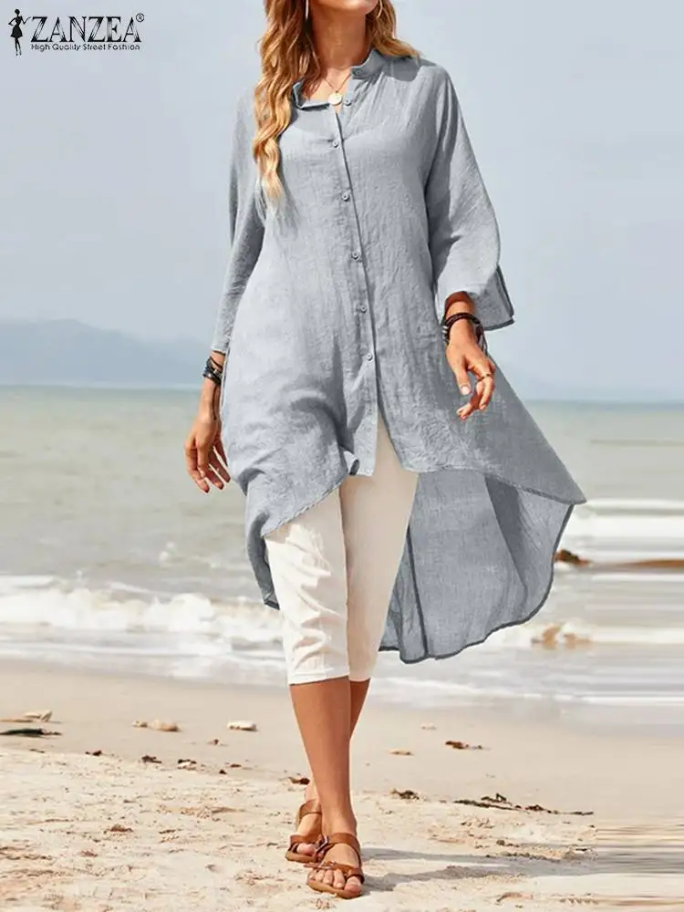 

Модные женские туники ZANZEA, топы с рукавом 3/4, повседневные свободные высокие и низкие пляжные длинные рубашки, однотонные летние тонкие блуз...