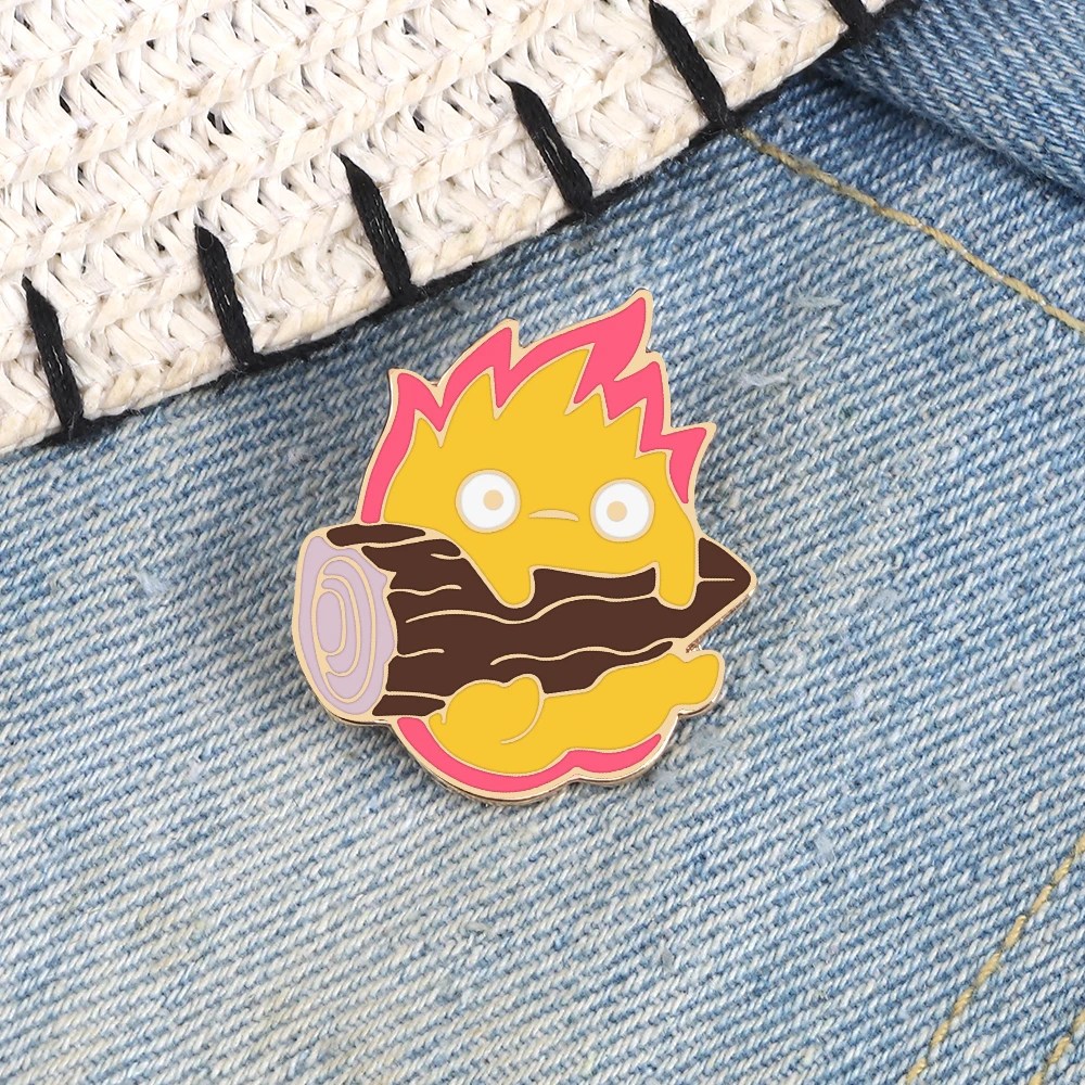 

Fire Demon Calcifer Enamel Pins Cute Magic Fire Elf Firewood Anime Brooches Badges Shirt Lapel Pin Jewelry Gift For Friends Kids