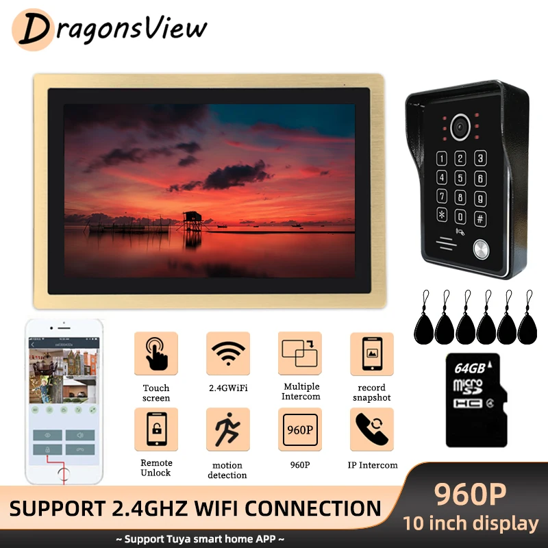 

DragonsView 10 inch Wifi Video Door Phone Home Intercom Wireless 960P Doorbell RFID Password Unlock Record Motion Detection