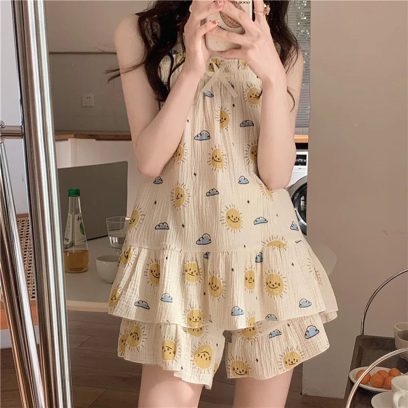 Women Pajama Set Kawaii Print Crepe Cotton Summer Korean Soft Double Gauze Shorts Sleepwear Suit Spaghetti Strap Tops Home
Women Pajama Set Kawaii Print Crepe Cotton Summer Korean Soft Double Gauze Shorts Sleepwear Suit Spaghetti Strap Tops Home