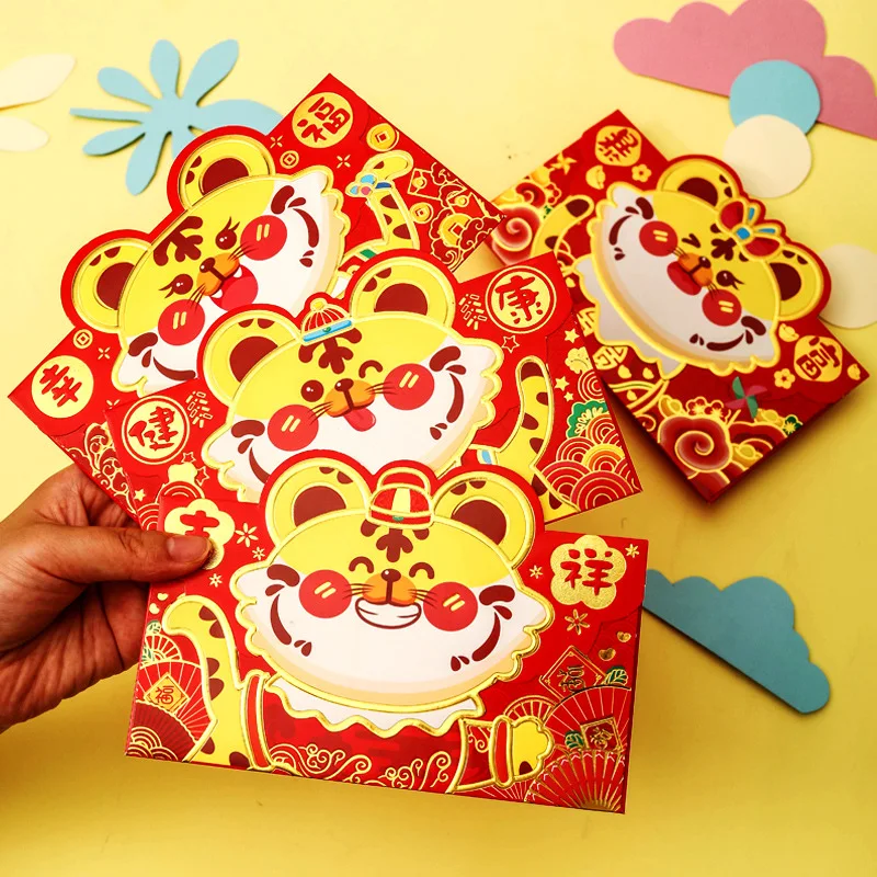 

4 шт. 2022 красный конверт с китайским знаком зодиака на новый год милый мультяшный тигр животное принт счастливый фестиваль карманы для денег...