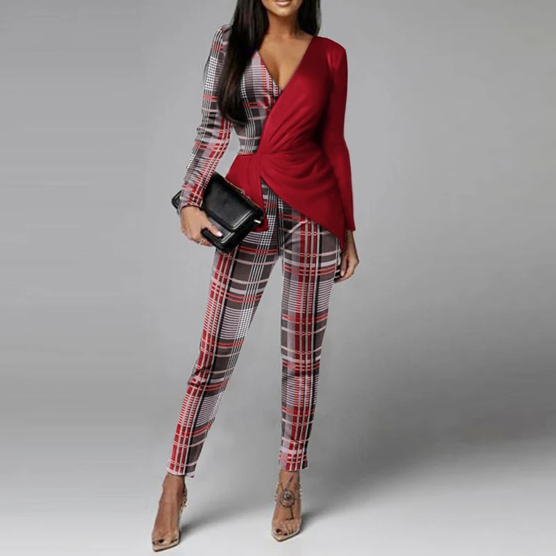 

Jumpsuits for Women 2022 Elegant Long Sleeve Deep V Neck Burgundy Plaid Patchwork High Waist Casual Charming Sexy Playsuits