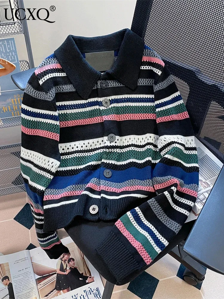 UCXQ Stripes Single Breasted Cardigan Sweater For Women Lapel Collar Hollowed Out Knitted Outerwear 2023 Autumn Winter 23A6216
UCXQ Stripes Single Breasted Cardigan Sweater For Women Lapel Collar Hollowed Out Knitted Outerwear 2023 Autumn Winter 23A6216