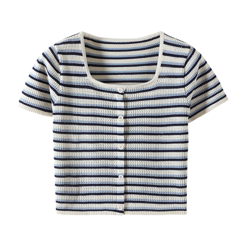 Summer Women Knitted Striped T-Shirt Knitted Summer Short Sleeve Slim Thin Kintwear Tees Ladies Crop Tops
Summer Women Knitted Striped T-Shirt Knitted Summer Short Sleeve Slim Thin Kintwear Tees Ladies Crop Tops