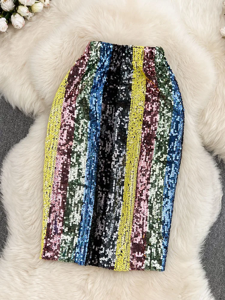 Summer New Korean Version Elastic Waist Contrast Color Colorful Striped Sequins Mid-length High Waist Bag Hip Skirt Women D1545
Summer New Korean Version Elastic Waist Contrast Color Colorful Striped Sequins Mid-length High Waist Bag Hip Skirt Women D1545