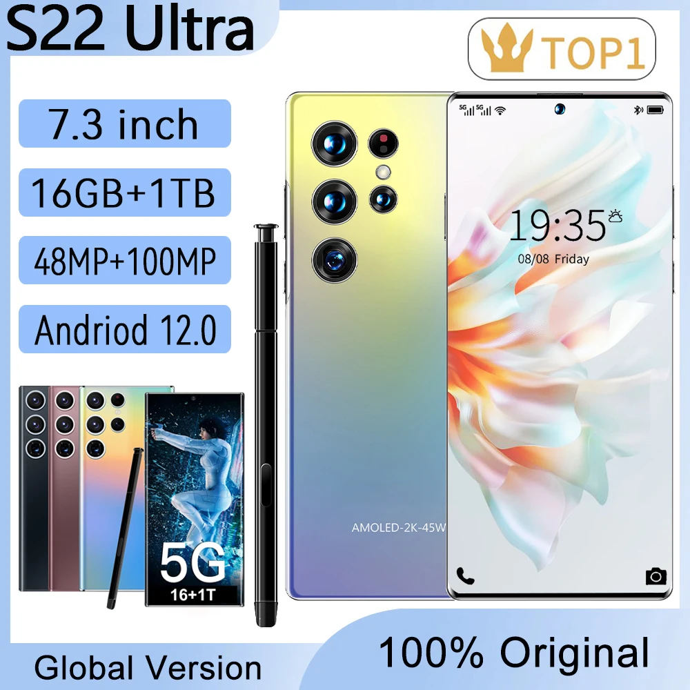 

Смартфон глобальная версия S22 Ultra, 16 ГБ + 1 ТБ, 7,3 дюйма, 48 + 100 МП, 8000 мАч, 4G/телефон с поддержкой двух Sim-карт, Android