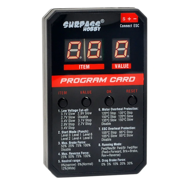 SURPASS HOBBY V2 LED Program Card for RC Car for 25/35/45/60/80/120A/150A Brushless ESC Electronic Speed Controller Programme
SURPASS HOBBY V2 LED Program Card for RC Car for 25/35/45/60/80/120A/150A Brushless ESC Electronic Speed Controller Programme