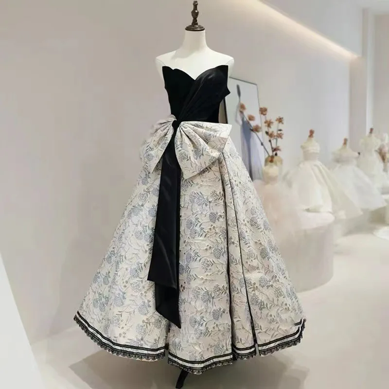 Graceful Evening Dresses Jacquard Bow Sweetheart V Neck A Line Princess Court Velvet Satin Wedding Toast Prom Party Gowns 2023
Graceful Evening Dresses Jacquard Bow Sweetheart V Neck A Line Princess Court Velvet Satin Wedding Toast Prom Party Gowns 2023