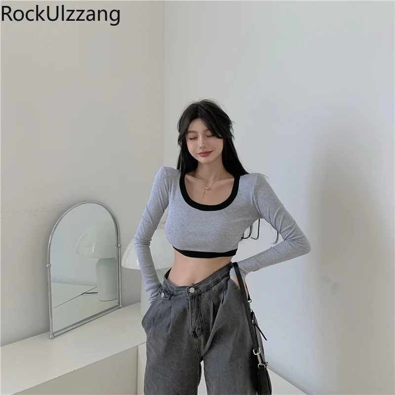 Contrast Fake Two-Piece Colorblock Crop Top Sexy Slim Cotton T-Shirt T Shirt Cropped korean Long Sleeve Fall y2k Solid aesthetic 
Contrast Fake Two-Piece Colorblock Crop Top Sexy Slim Cotton T-Shirt T Shirt Cropped korean Long Sleeve Fall y2k Solid aesthetic