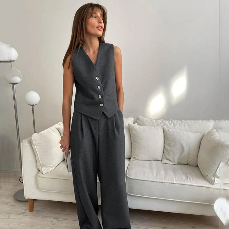 2023 Neutral Fashion Sleeveless Vest Suit for Women Summer Casual Grey V-Neck Vest Suit Pants Wide-Leg Pants Two-Piece Set
2023 Neutral Fashion Sleeveless Vest Suit for Women Summer Casual Grey V-Neck Vest Suit Pants Wide-Leg Pants Two-Piece Set