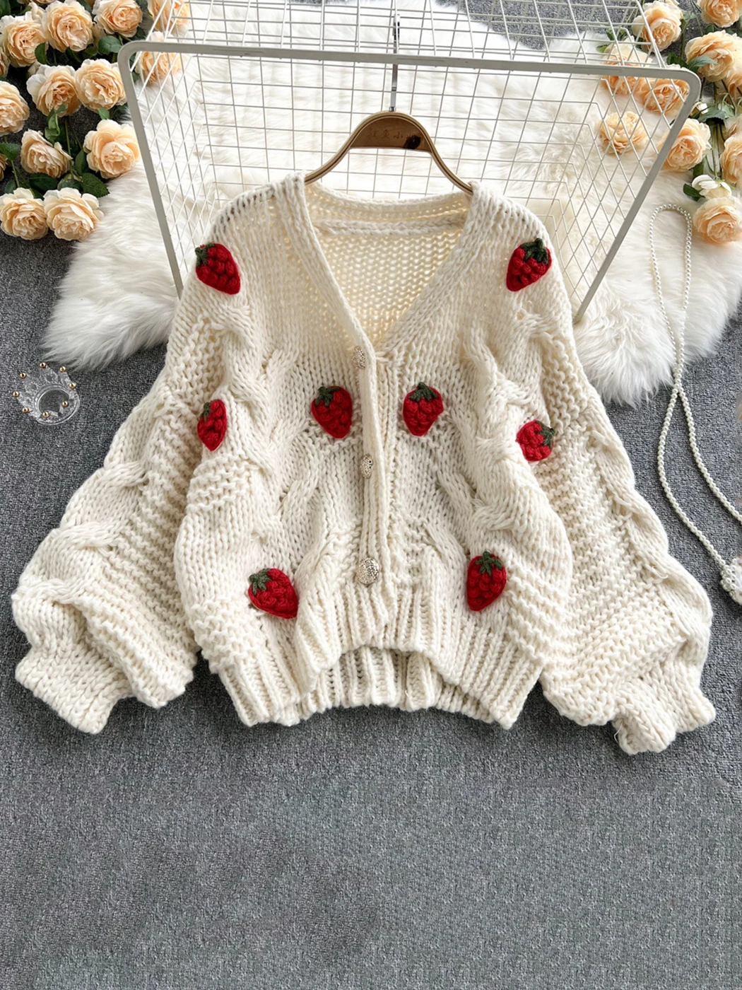 Jastie Strawberry Embroidered Boho Cardigan For Women SweaterV-Neck Puff Sleeve Casual Hollow Out Chic Knit Sweater
Jastie Strawberry Embroidered Boho Cardigan For Women SweaterV-Neck Puff Sleeve Casual Hollow Out Chic Knit Sweater