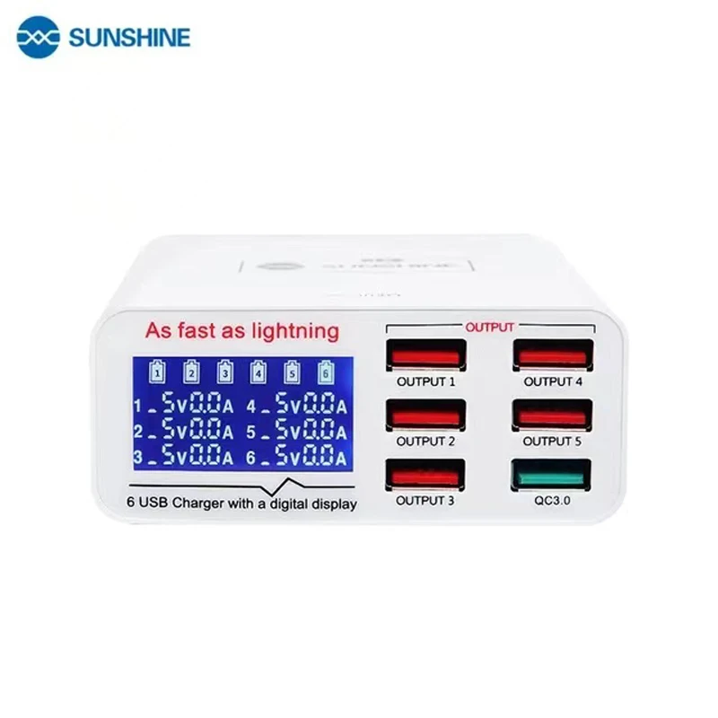 

Sunshine SS-304Q USB Smart Lightning Charger Digital Display 6 Port 2.4A Fast Charging Intelligence QC 3.0 Compatibility