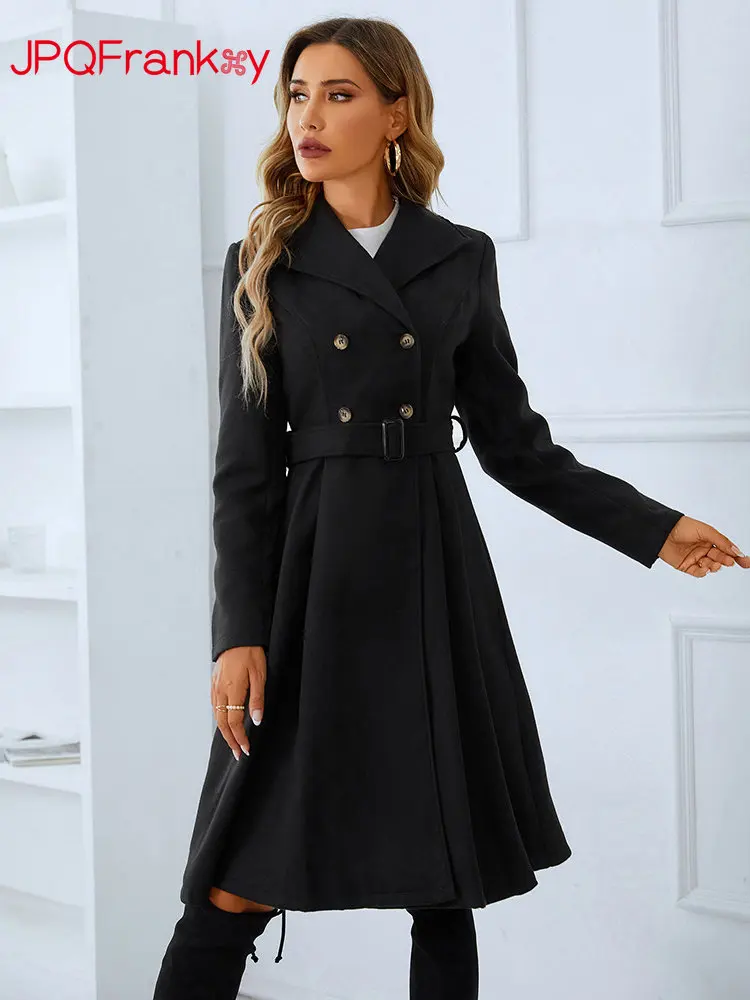 

Женское зимнее платье, новинка 2022, двубортное шерстяное модное черное пальто с поясом и длинными рукавами, куртка, зимнее женское теплое пал...