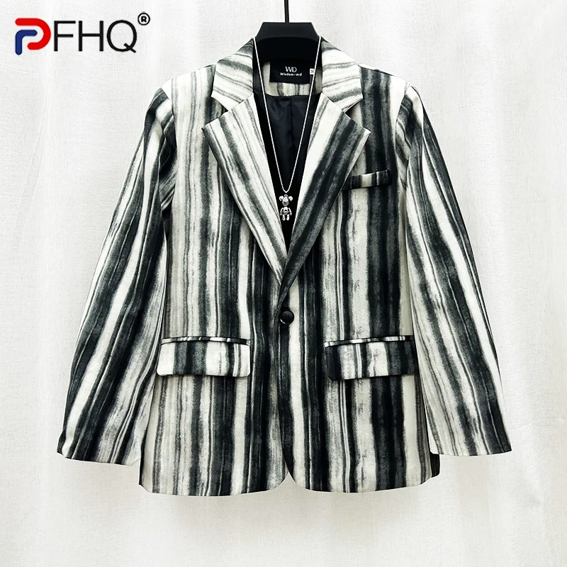 

Индивидуализированный нишевый дизайн PFHQ, чернильные окрашенные полосатые Костюмные куртки, мужские Модные свободные облегающие осенние блейзеры контрастных цветов 21Z2013