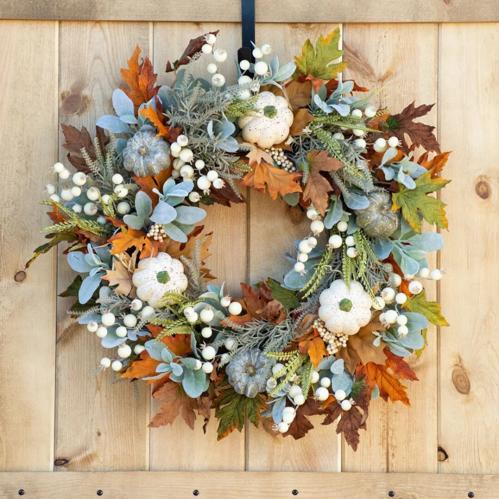 

45CM Fall Wreaths for Front Door Autumn Wreath with Berry Pumpkin Maple Leaves Thanksgiving Harvest Festival Decorations