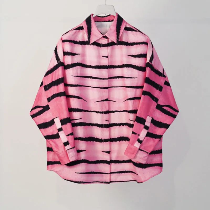 Summer Runway Sexy Pink Silk Wool Tiger Stripes Print Shirt Women Casual Loose Long Sleeve Blouse High End Fashion Top Designer
Summer Runway Sexy Pink Silk Wool Tiger Stripes Print Shirt Women Casual Loose Long Sleeve Blouse High End Fashion Top Designer