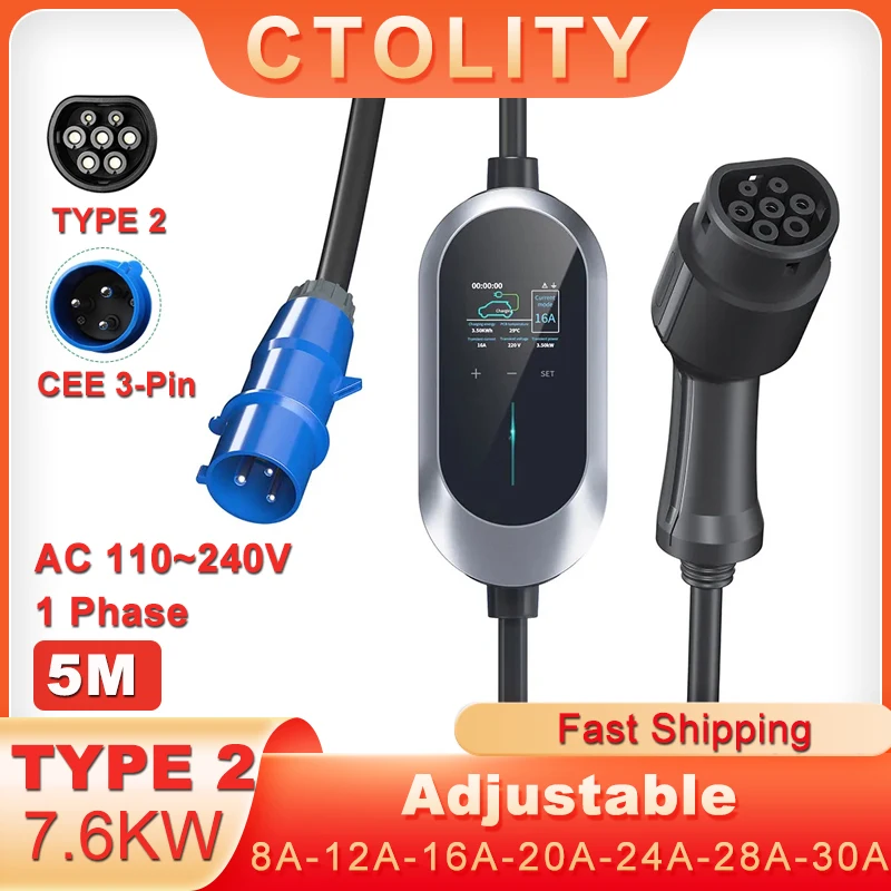 CTOLITY 32A 7.6KW EV Charger Type 2 Charging Cable CEE 3-Pin Charging Station for Electric Car AC 110~240V High Speed Charger
CTOLITY 32A 7.6KW EV Charger Type 2 Charging Cable CEE 3-Pin Charging Station for Electric Car AC 110~240V High Speed Charger