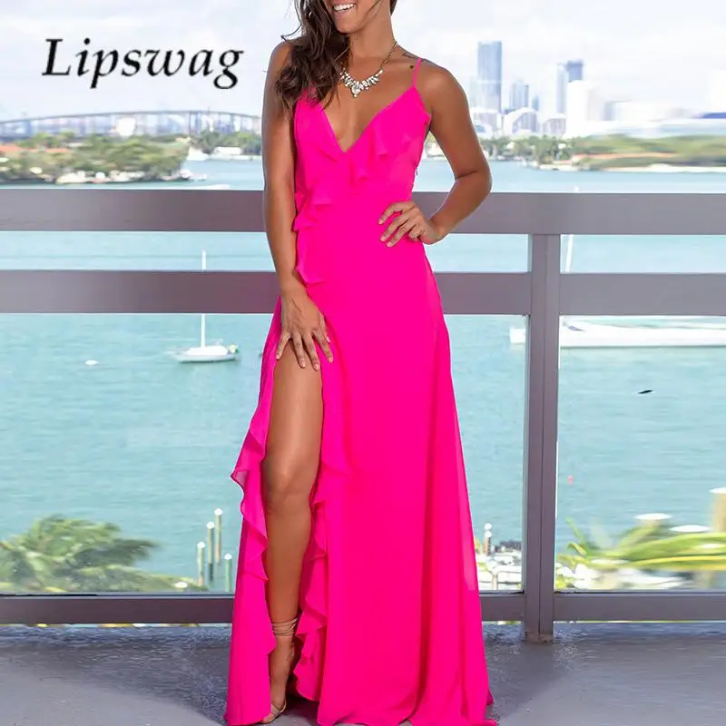 Sexy Sling V-neck Ruffle Long Dress Fashion Sleeveless Cross Backless Party Club Dress Summer Women Solid Color Side Split Dress
Sexy Sling V-neck Ruffle Long Dress Fashion Sleeveless Cross Backless Party Club Dress Summer Women Solid Color Side Split Dress