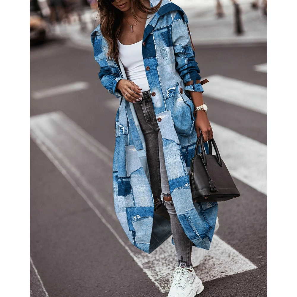 

Autumn Women Denim Look Print Button Front Longline Trench Coat 2022 Femme Casual Long Sleeve Office Lady Outfits Elegant traf