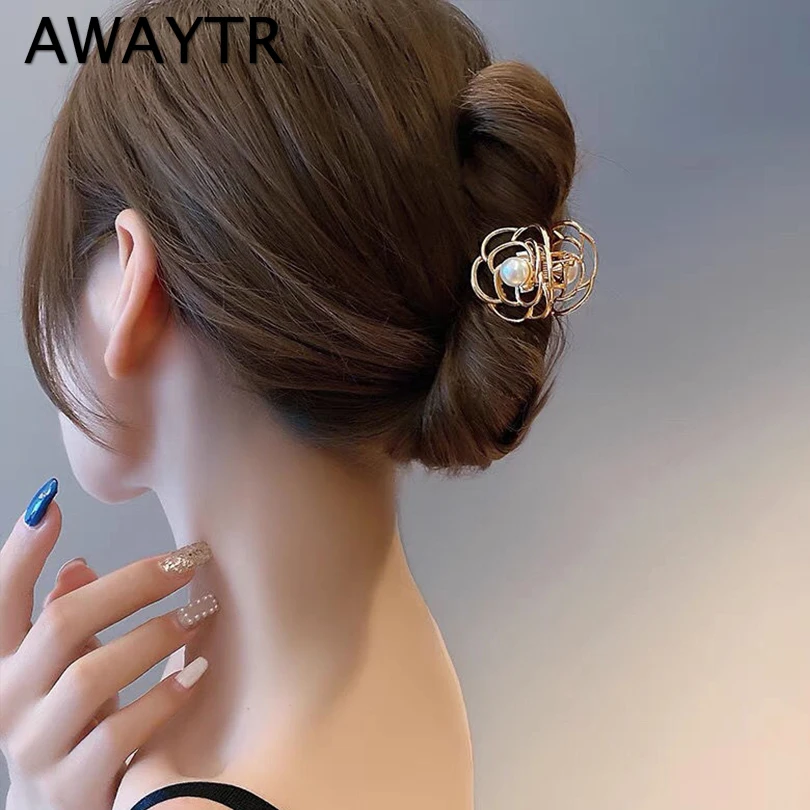 

AWAYTR Metal Hair Claws Hollow Rose Flower Hairpin for Women Hair Clips Rhinestone Pearl Barrettes Crab Ponytail Holder Headwear