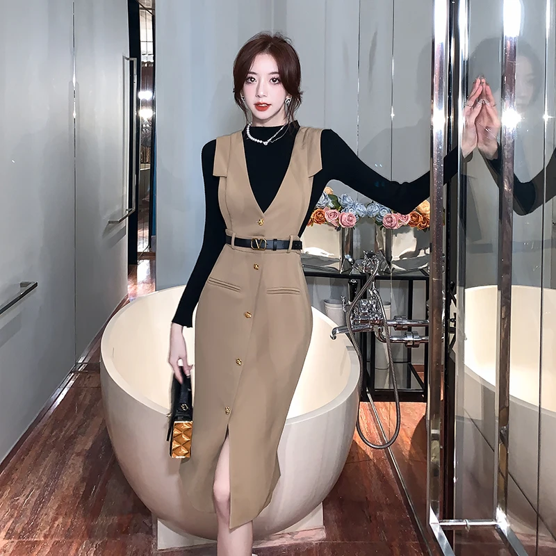 Women's Autumn and Winter New High-end Round Neck Long Sleeve Knitting Top+Single Breasted Belt Slim Fitting Dress Two-piece Set
Women's Autumn and Winter New High-end Round Neck Long Sleeve Knitting Top+Single Breasted Belt Slim Fitting Dress Two-piece Set