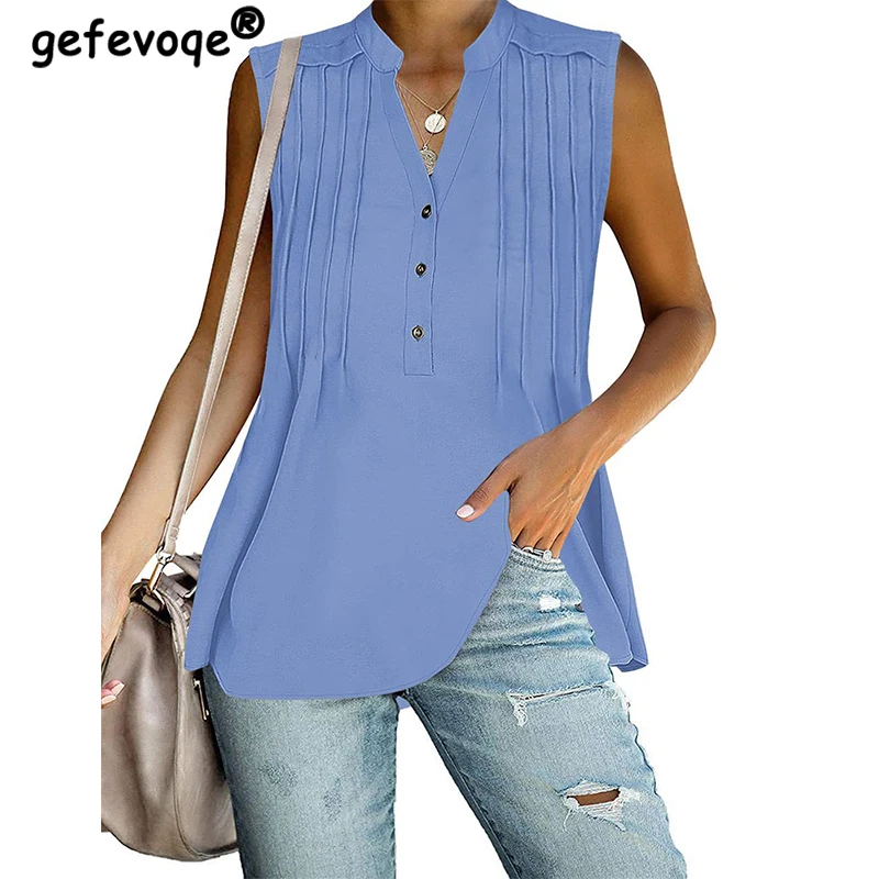 Summer New Women Solid Color Button Shirt V-neck Pleated Vest Sleeveless Casual Top Vintage Pullovers Fashion Slim Blouse Female
Summer New Women Solid Color Button Shirt V-neck Pleated Vest Sleeveless Casual Top Vintage Pullovers Fashion Slim Blouse Female