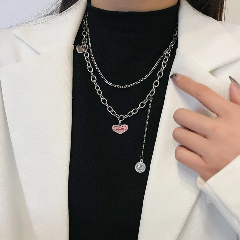 Двойное розовое ожерелье Love из титановой стали, милая крутая дизайнерская цепочка для свитера