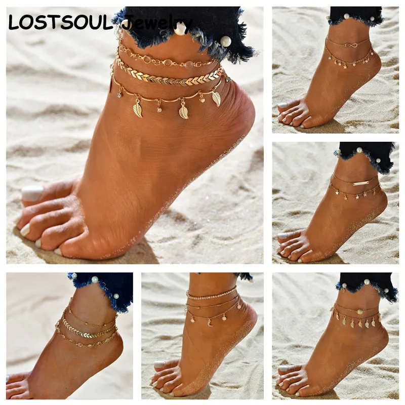 

Summer Hot Sale Beach Multi-layer Zircon Leaves Eight Character Pearl Sun Moon Star Pattern Anklet Women Fashion Jewelry Gifts