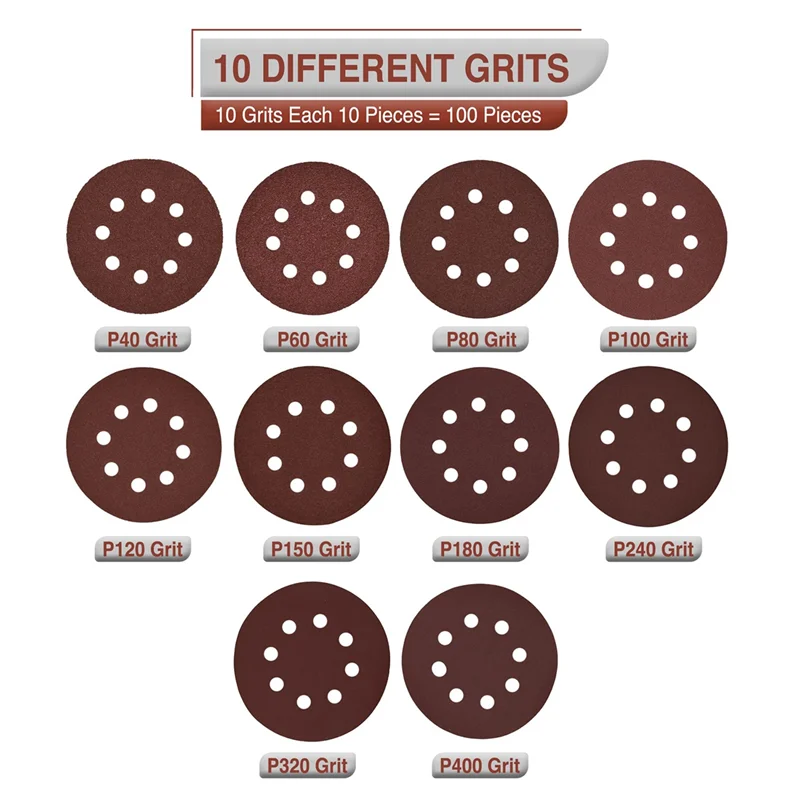 100Pcs Sanding Discs Pads 8 Holes 125mm Hook and Loop 40 -400 Mixed Grits Sandpaper Sheet for Random Sander
100Pcs Sanding Discs Pads 8 Holes 125mm Hook and Loop 40 -400 Mixed Grits Sandpaper Sheet for Random Sander