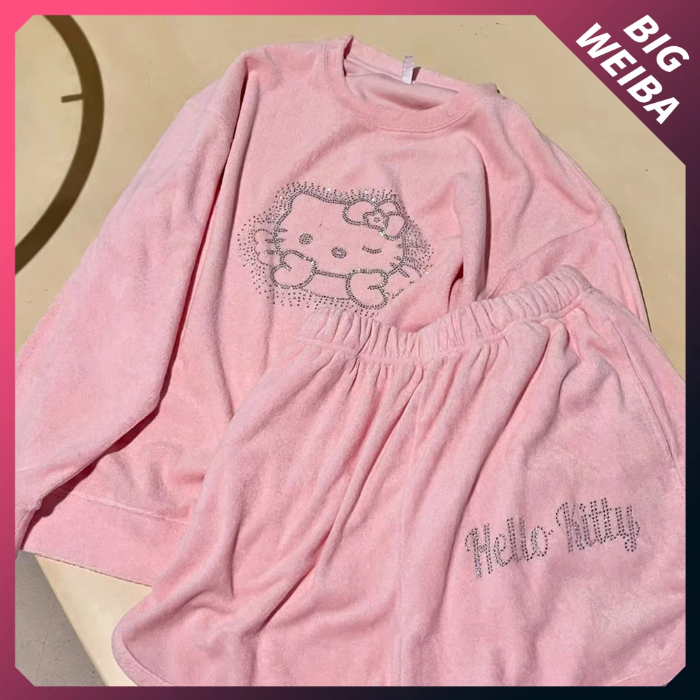Корейская модная розовая Спортивная Толстовка Hello Kt с котом, шорты с длинным рукавом, костюм, плюшевая мягкая удобная свободная спортивная одежда 
Корейская модная розовая Спортивная Толстовка Hello Kt с котом, шорты с длинным рукавом, костюм, плюшевая мягкая удобная свободная спортивная одежда