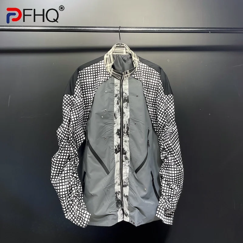 

PFHQ 2023 Trendy Original Niche Design Checked Splicing Men's Jackets High Quality Spring New Male Stylish Coat Elegant Casual