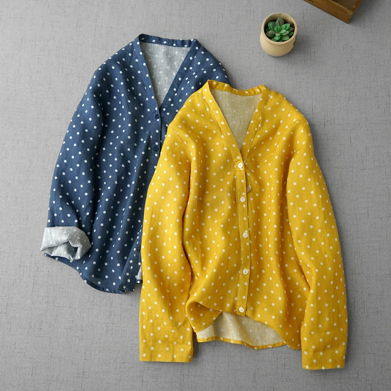 

Spring Autumn Women All-match Brief Loose Polka Dots Comfortable Natural Fabric Water Washed Linen Shirts/Blouses