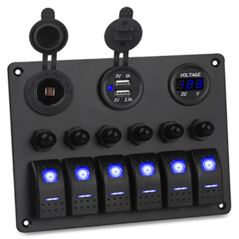 6 Gang Rocker Switch Panel Aluminum Panel Dual USB Ports Interior Accessories DC 12V/24V Digital Voltmeter Waterproof
6 Gang Rocker Switch Panel Aluminum Panel Dual USB Ports Interior Accessories DC 12V/24V Digital Voltmeter Waterproof