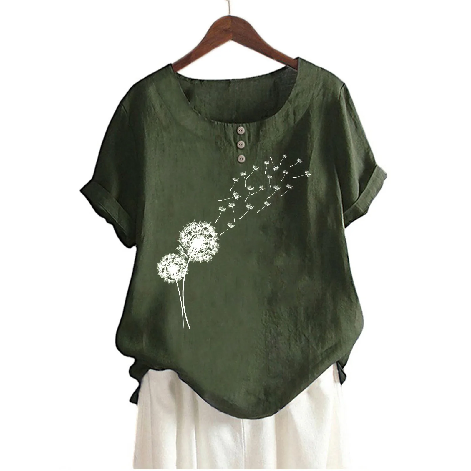 Women Summer Round Neck Button Cotton And Linen Dandelion Print Short Sleeve T Shirt Top Blouse Elegant Flower
Women Summer Round Neck Button Cotton And Linen Dandelion Print Short Sleeve T Shirt Top Blouse Elegant Flower