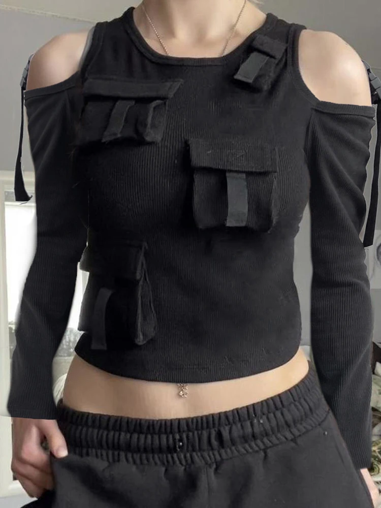 

2023 New Cyberpunk Mall Goth Techwear T-shirt Women Vintage Y2k 90s Streetwear Harajuku Pockets Patchwork Long Sleeve Tee Tops