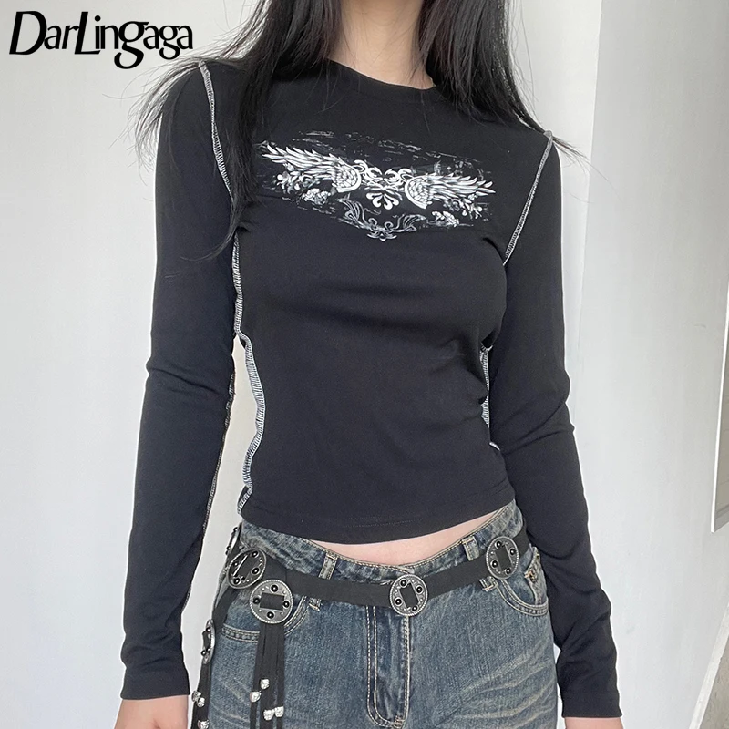 

Darlingaga Grunge Stitch Bodycon Women Tee Shirts Vintage Y2K Top Clothes Printed 2000s Aesthetic Spring Autumn T shirt Harajuku