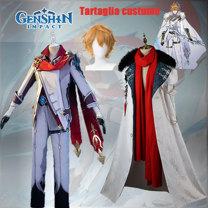 

Anime Game Fatui Harbingers Tartaglia Genshin Impact Cosplay Costume Uniform Scarf Wig Cloak Cape Arm Necklace Masquerade Party