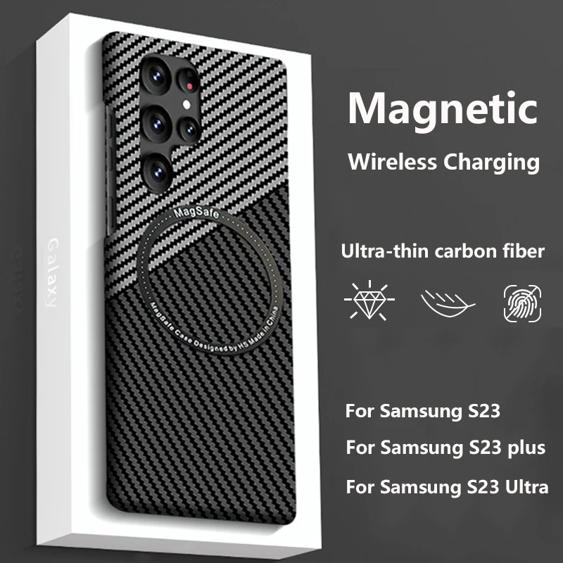 

Роскошный Ультратонкий чехол из углеродного волокна для Samsung Galaxy S23 Plus Ultra 5G Magsafe, Магнитный чехол с беспроводной зарядкой, сумка, чехол
