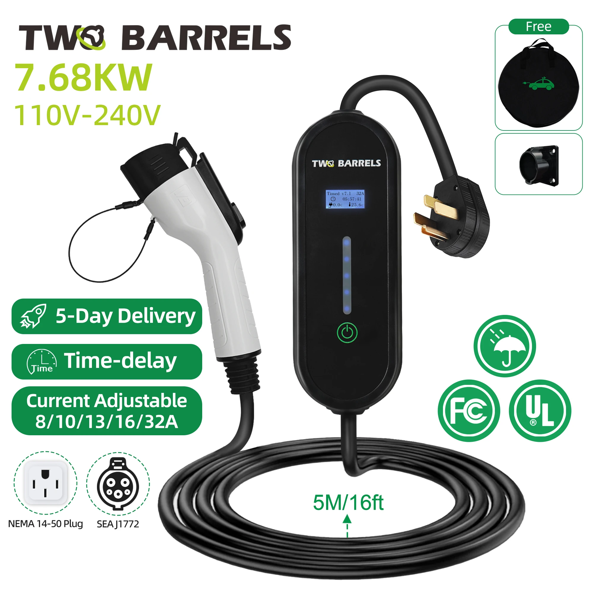 32A Portable EV Charger Type 1 7KW Electric Vehicle Equipment 8/10/13/16/32A Current Adjustable J1772 5M Cable Length TWOBARRELS
32A Portable EV Charger Type 1 7KW Electric Vehicle Equipment 8/10/13/16/32A Current Adjustable J1772 5M Cable Length TWOBARRELS