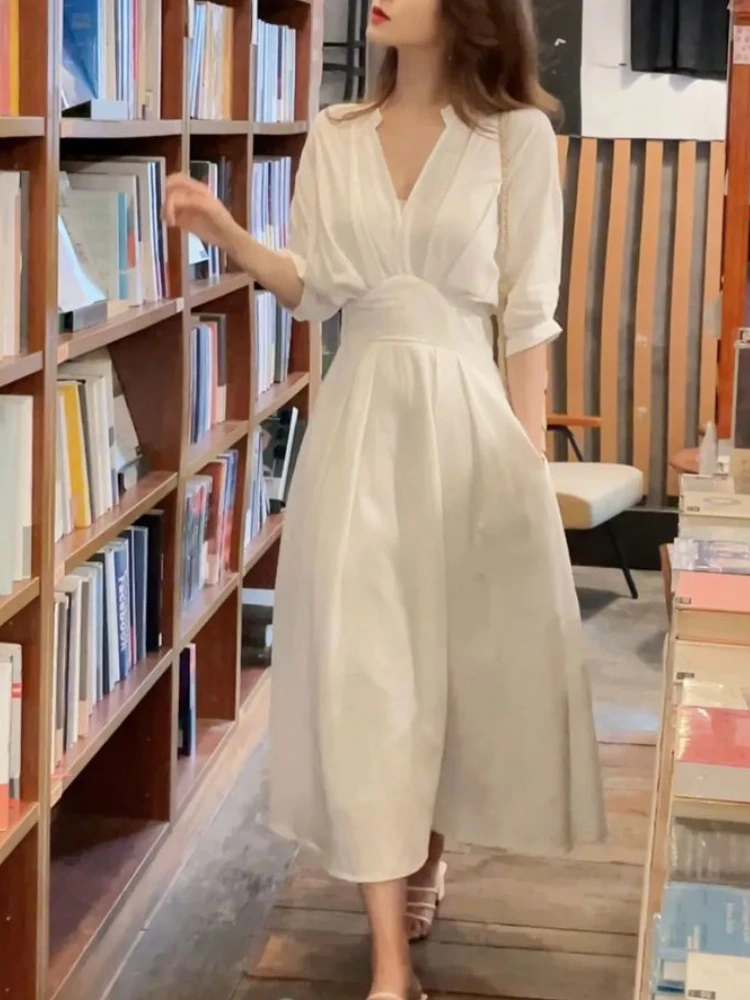 

Женское офисное платье-рубашка средней длины Deeptown, белое элегантное шикарное платье-туника в Корейском стиле с V-образным вырезом и рукавом до локтя, повседневные платья