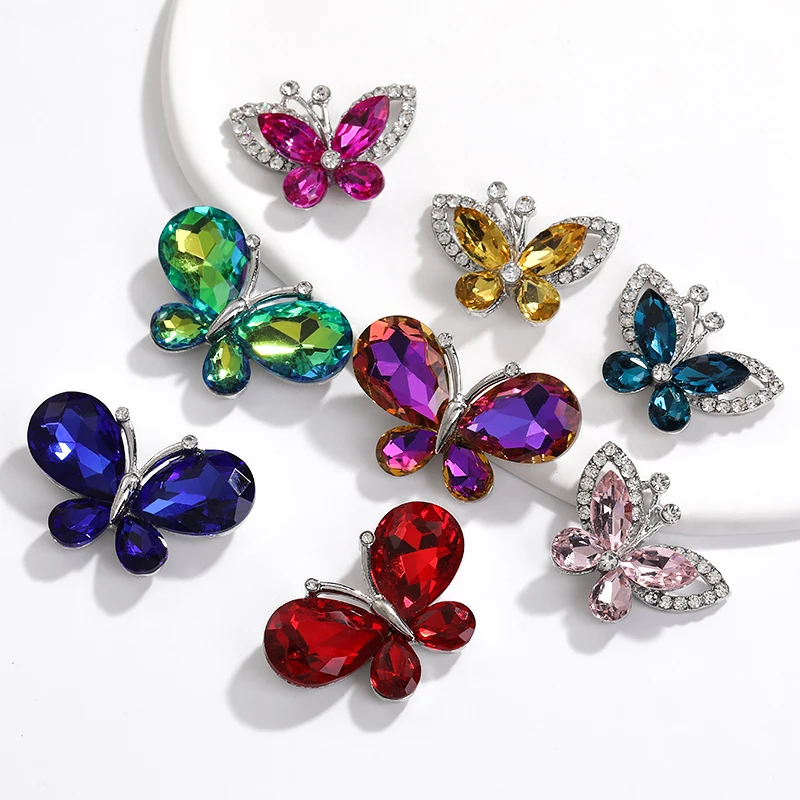 

5pcs Butterfly Shaped Buttons Crystal Rhinestone Applique Metal Base Stylish Crystal Glass Pointback For Jewel Sew Clothes Shoes