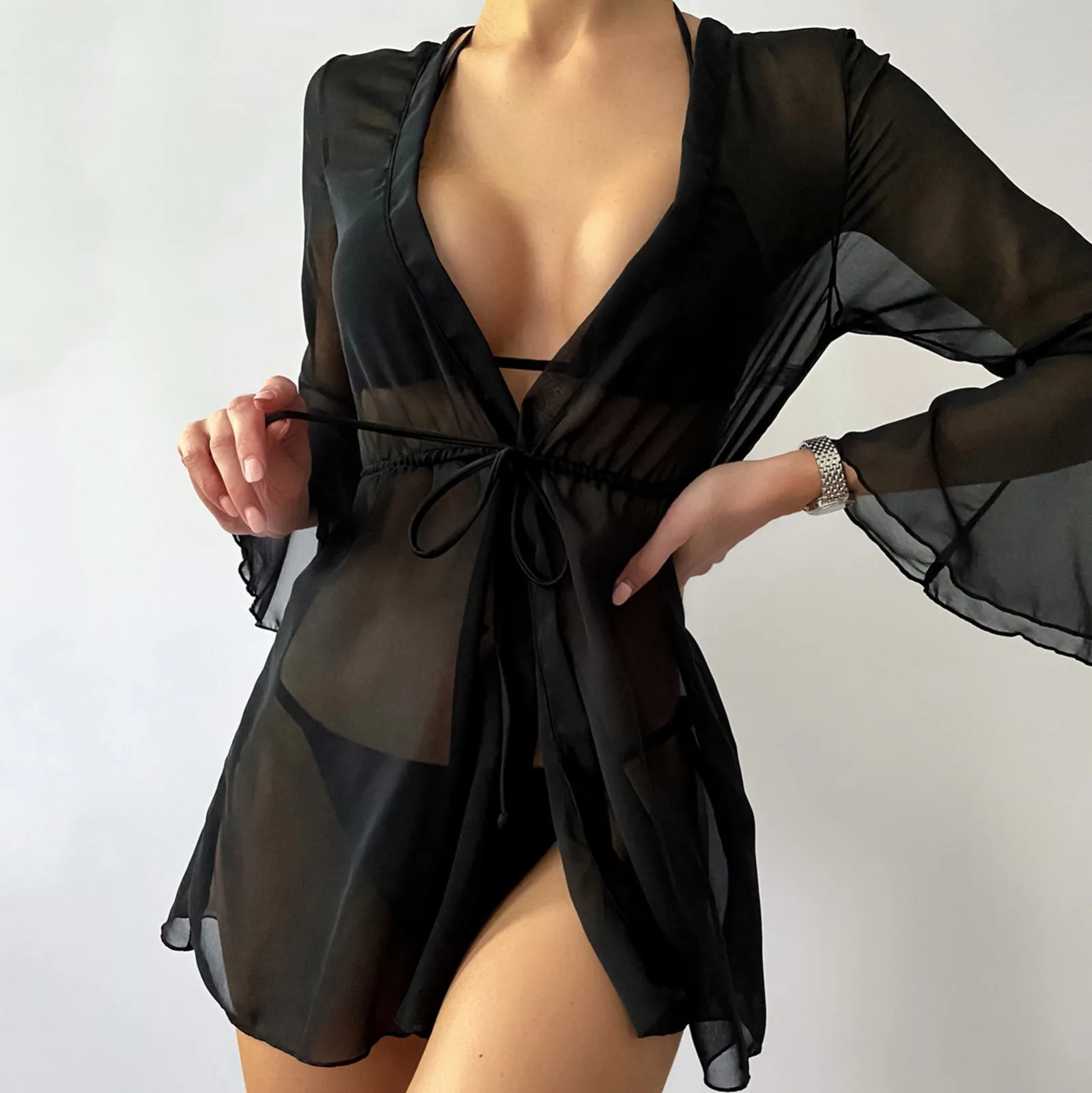 

2022 New Women Sheer Mesh Cover Up Shorts Beach Cover Up Beach Wrap Bikini Wraps Solid Pom Sheer Lace Up Cover Up